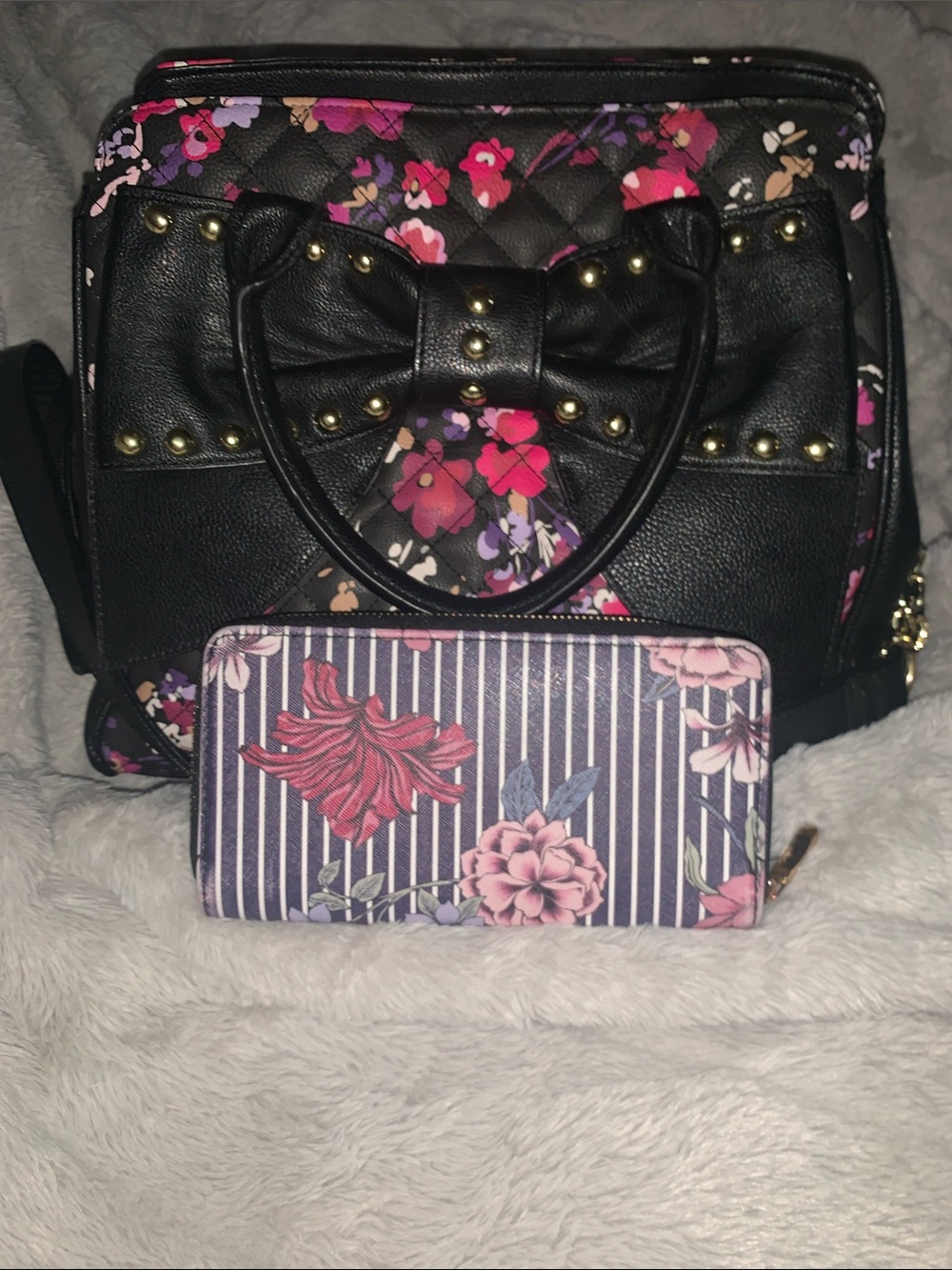 Betsey Johnson Floral Quilted Bow Satchel Handbag - and wallet-Black & Pink